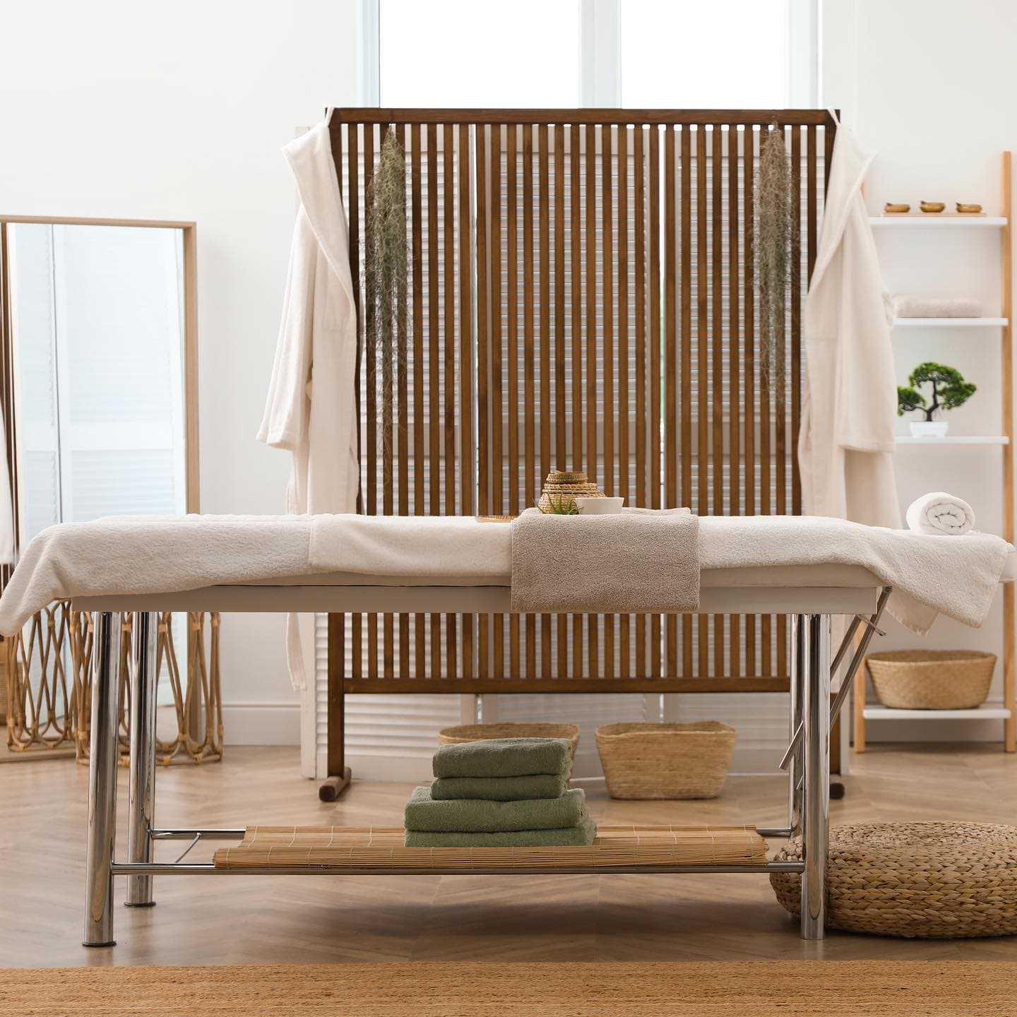 Milena's massage table set up with towels and calming decor in a client's home